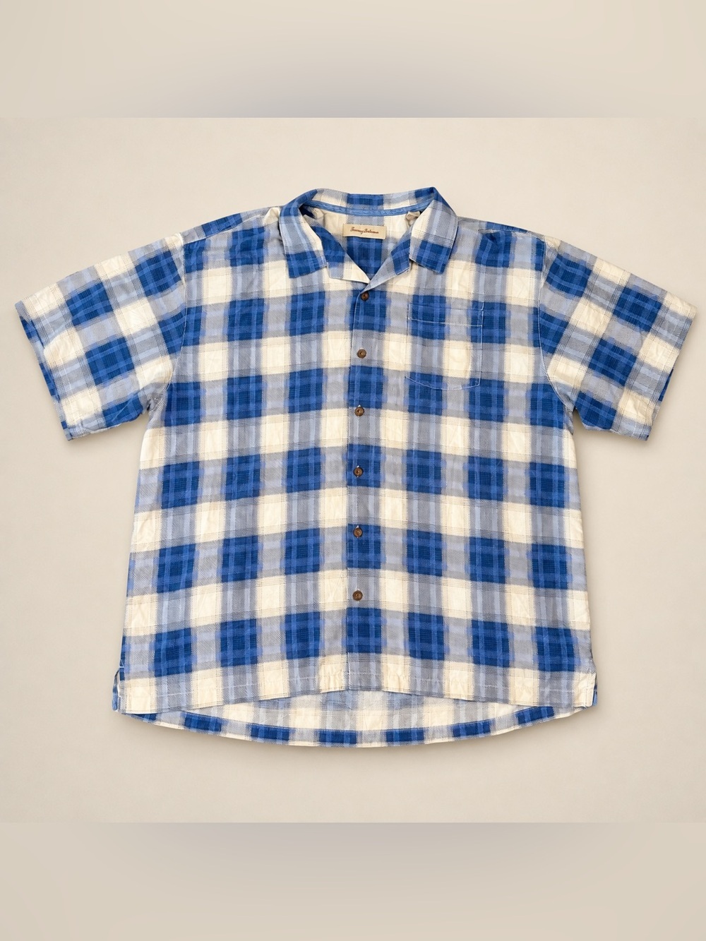 Tommy Bahama XXL 100% Silk Blue White Plaid Camp Shirt Short Sleeve